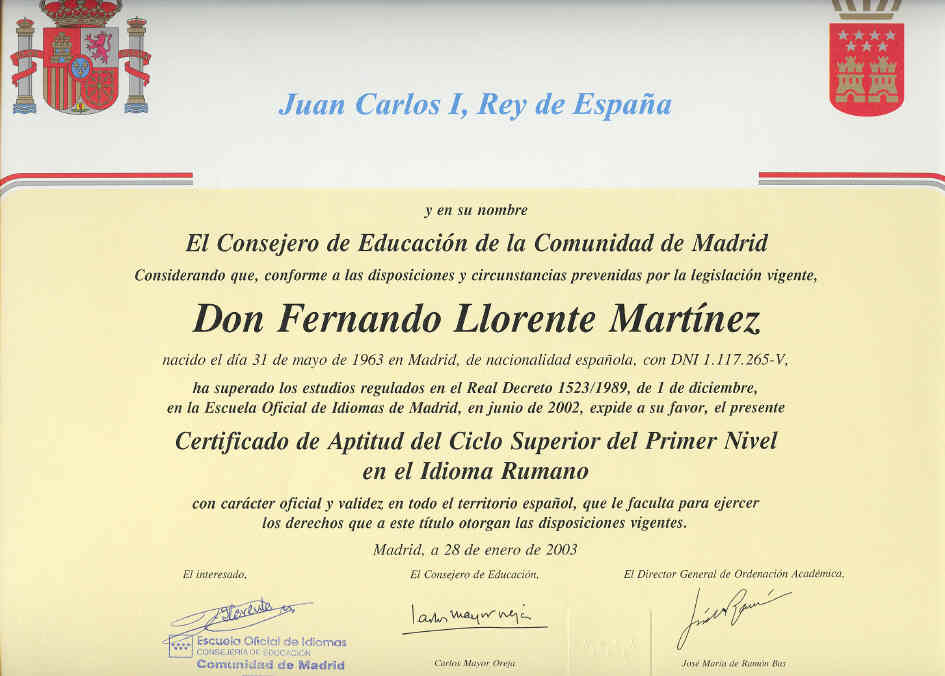 Diploma de la Escuela Oficial de Idiomas de Madrid, año 2003.