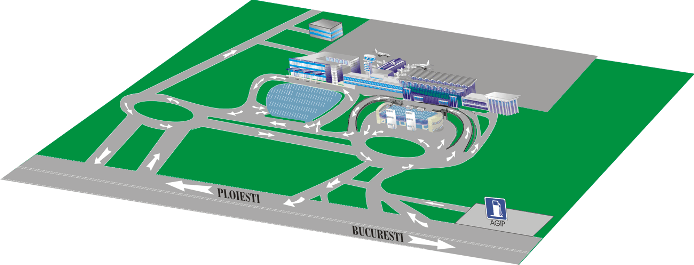 Aeropuerto internacional de Otopeni o Henry Coanda, Bucarest, Rumania. Imagen exterior. Terminal de LLEGADAS a la izquierda abajo y de SALIDAS a la derecha arriba.